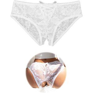 Women's White Lace Short Crotchless Sexy Panties Crisscross Strappy Underwear